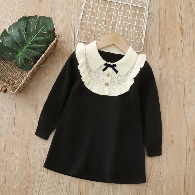 

2025Girls' Autumn and Winter New Fashionable High-Quality Knitted Wool Bowknot College Style Sweater Dress