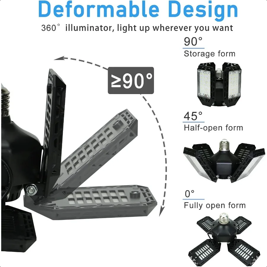 Luz led para garagem, luzes de teto deformáveis para garagem, 150w, 15000lm, 4 painéis ajustáveis, e26, e27, luzes de loja para porão, celeiro, funciona