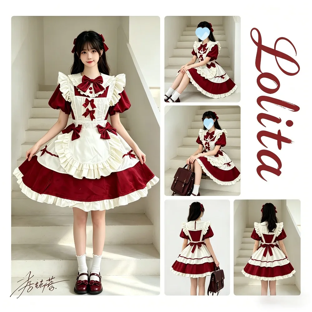 

French Sweet Cute Lolita Dress, Elegant Soft Women Waist Dress with Flying Sleeve Apron, Fashion Maid Skirt Cosplay Costume