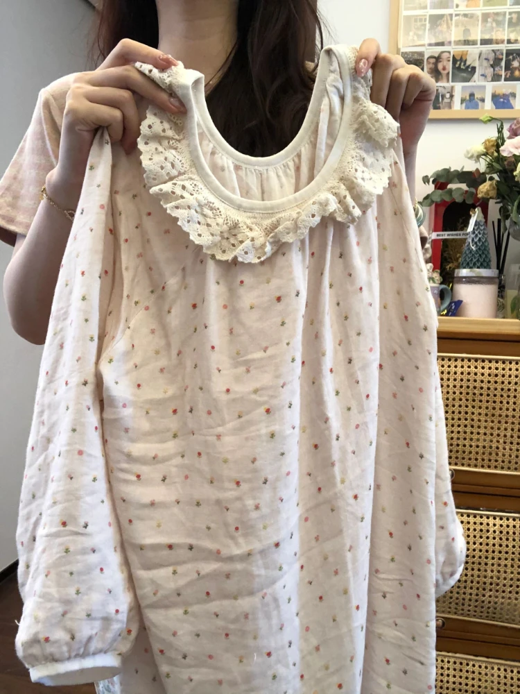 Nightgown Women Spring New Long Sleeve Lace-design Fashion Soft Loose Daily Homewear Korean Floral Sweet Ladies Popular