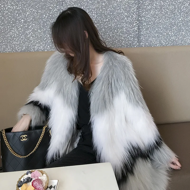 Fashion The New Raccoon Fur Braid Coat Rure Handmade Double Braid Contrast Color Young Autumn Winter Keep Warm Mid Length Women