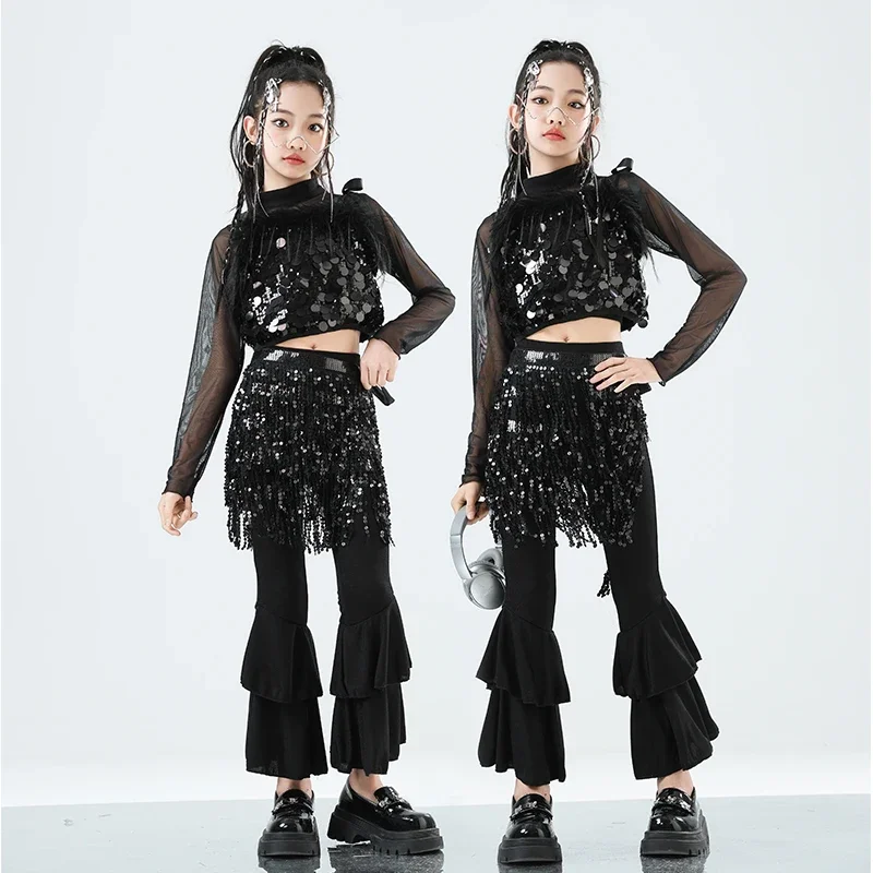 Meninas k-pop prata lantejoulas malha colheita topo calças de dança de rua crianças hip hop brilhante streetwear crianças jazz menina grupo roupas conjuntos