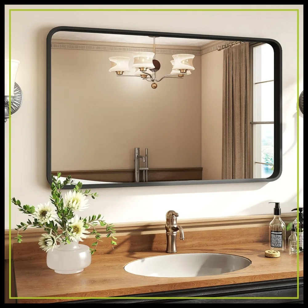 

40x30 Inch Rectangle Bathroom Mirror, Matte Black Metal Framed, Anti-Rust Tempered Glass, Horizontal or Vertical Hanging