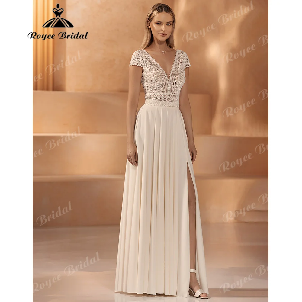 2027 Cap Sleeve Crochet Lace Wedding Dress Deep V Low Open Back A-Line Split Skirt Bohemian Ivory Bridal Gown Customized