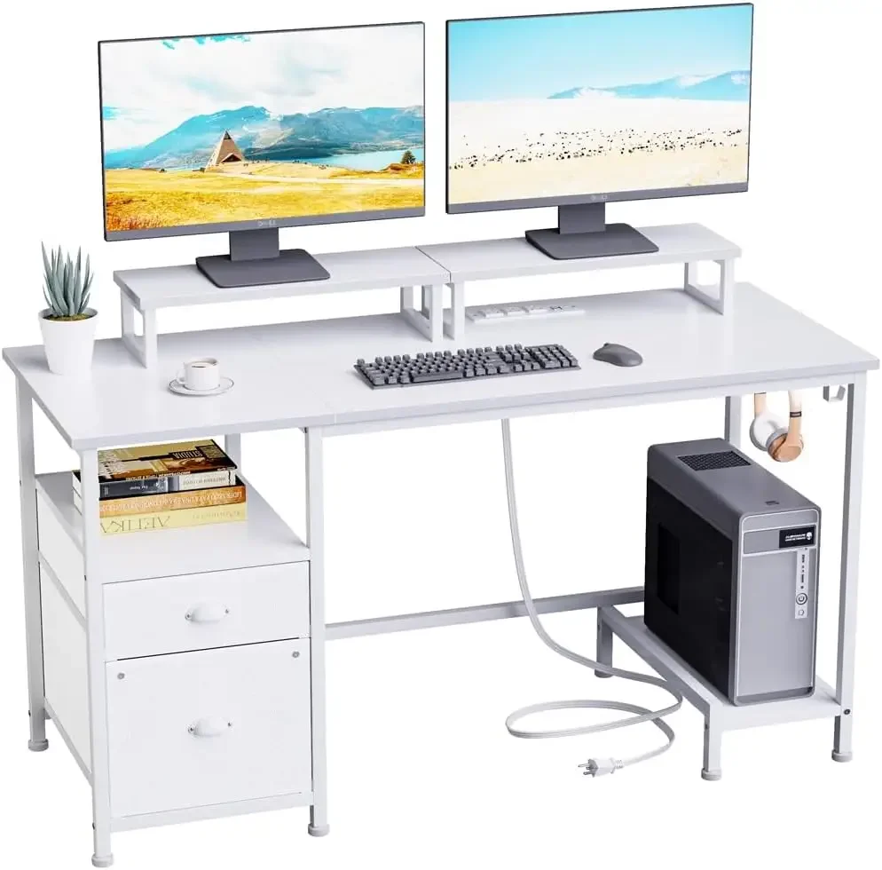 

White Computer Desk with Drawer and Power Outlets, 47" Office Desk Writing Gaming Table with Shelves and 2 Hooks for Home Office