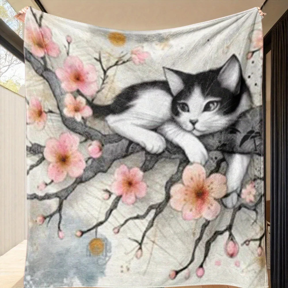 1 Stück elegante Fleecedecke mit Katzen- und Kirschblüten-Motiv – großer Plüsch-Flanell-Ganzjahres-Wurf für Zuhause, Sofa, Auto, Büro – Contem