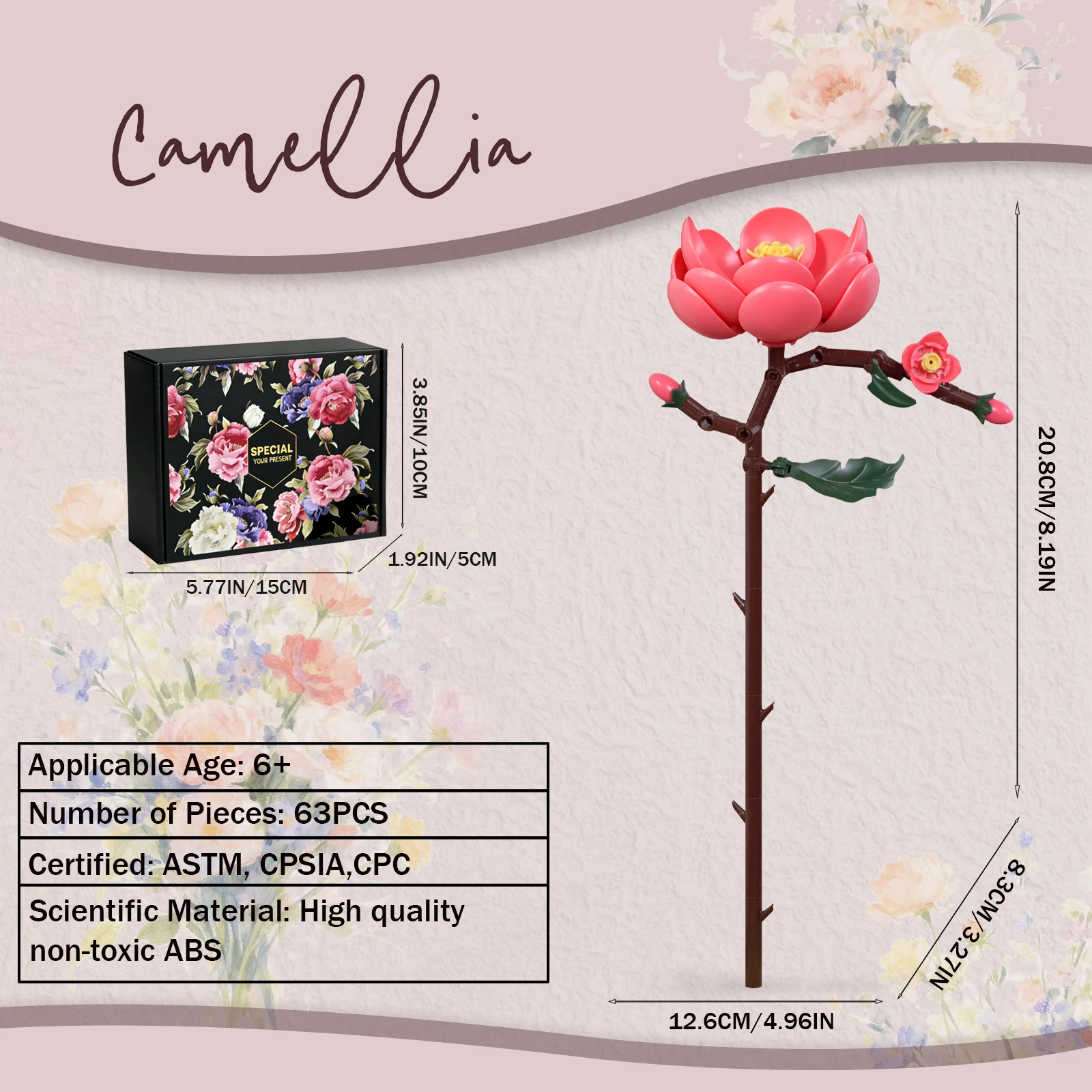 Camellia Blossoms Building Block Bouquet Flowers Featuring Gradient Petal Details Ideal for Tabletop Display Home Deco（63 PCS）