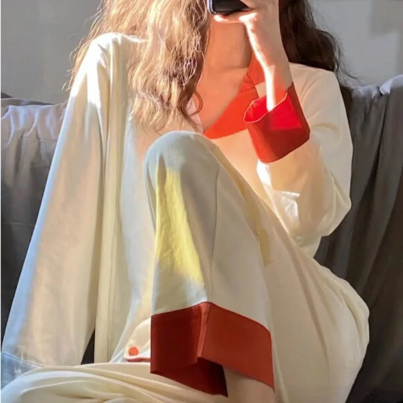 2024 Korean Version Color Matching Pajamas Women Spring Long Sleeve Pyjamas Lapel Breasted Home Wear Set Casual Loose Sleepwear