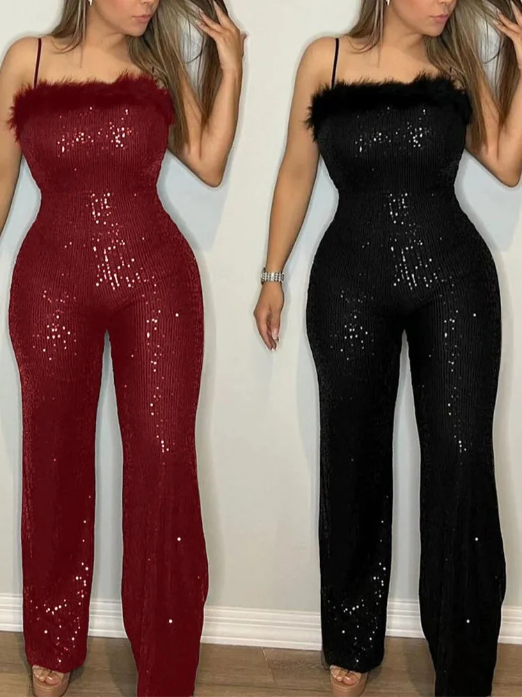 Elegante feminino sem mangas fino ajuste playsuit pena retalhos camisola macacão 2026 lantejoulas brilhantes cintura alta macacão reto