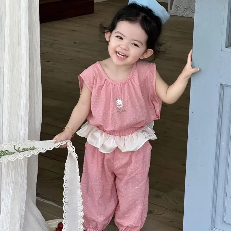 

Sanrio Hello Kitty Children Suit Summer Girl Kawaii T-Shirt Leisure Pants At Home Cartoon Anime Fashion New Style Clothing Hot
