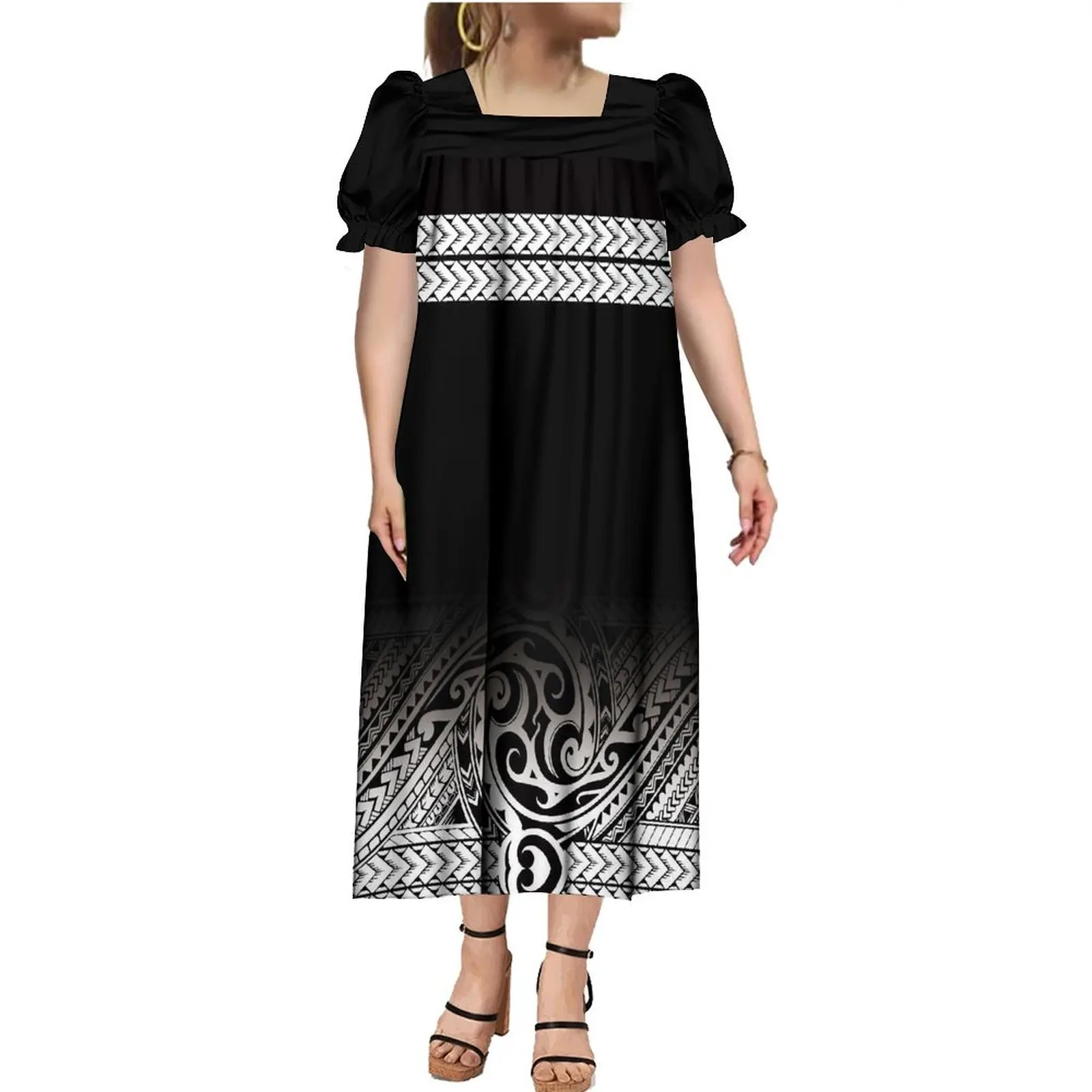 Vestido Mumu estilo ilha, coleção clássica em preto e branco, vestido solto, personalizado tribal polinésio, festa havaiana