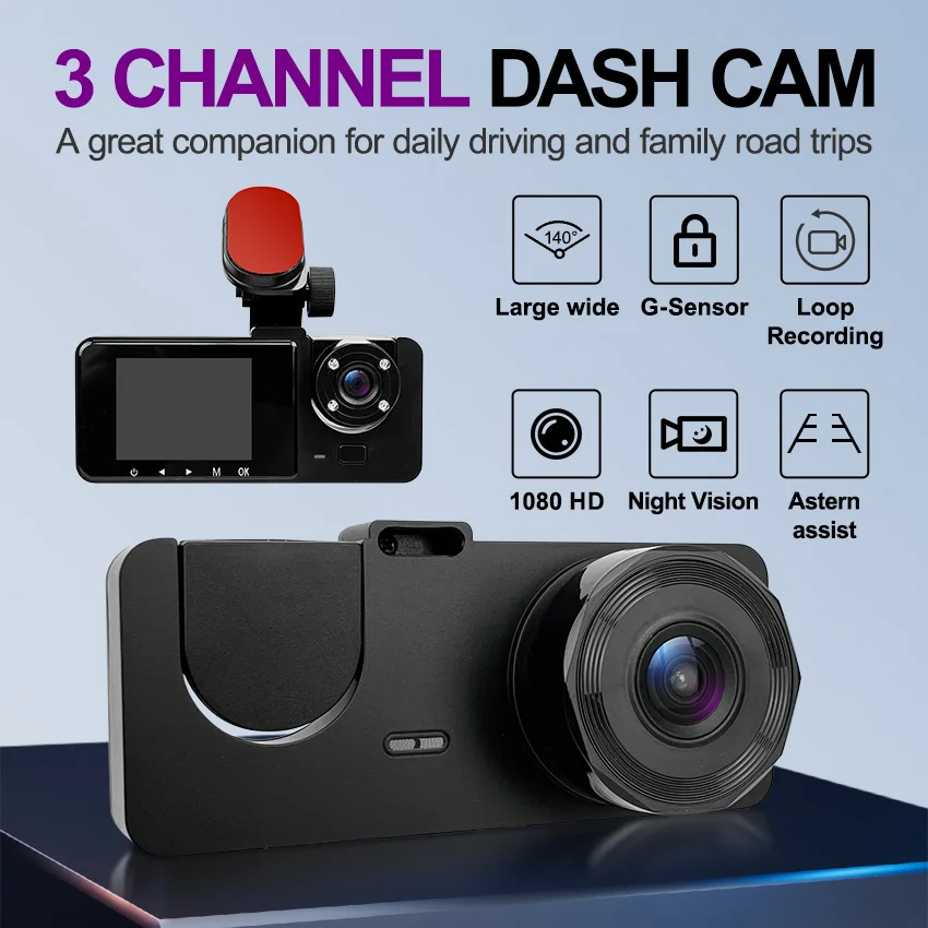 DashCam 3 lentes DVR para coche 2 pulgadas IPS Fhd 1080P grabadora de vídeo automática grabación en bucle registro de visión nocturna caja negra