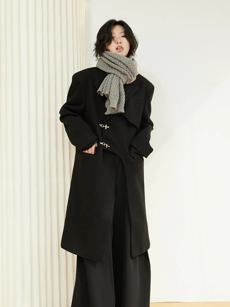 

Loose Asymmetric Big Size Long Woolen Coats Design Sense Metal Decorative Suit Collar Women Fashion Tide Autumn Winter Coat 2022
