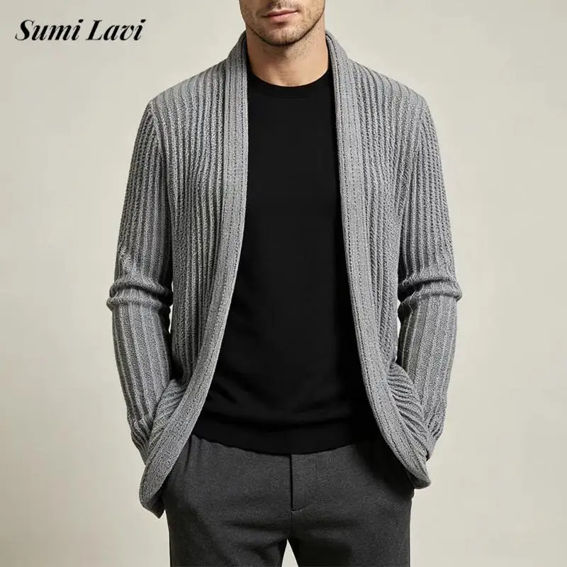 Fashionable Open Front Knit Cardigan For Men Loose Fit Fall Winter Ribbed V‑Neck Mid‑Length Stylish Outerwear Mens