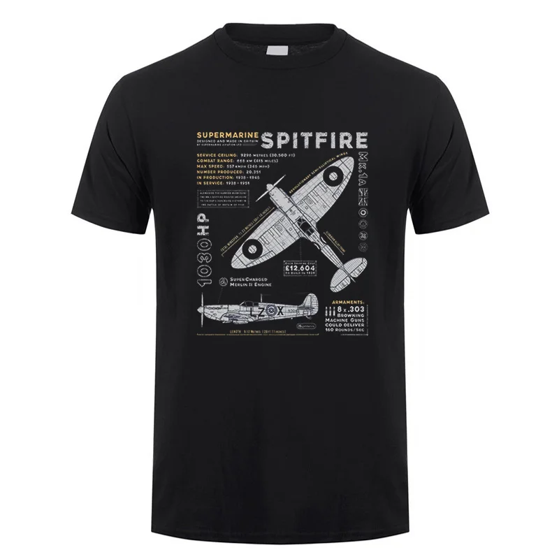 Novelty Spitfire T Shirt Fighter Plane WW2 War Pilot Aircraft Airplane T-shirts Men Cotton Tee Short Sleeve T-Shirt Gift DY-303