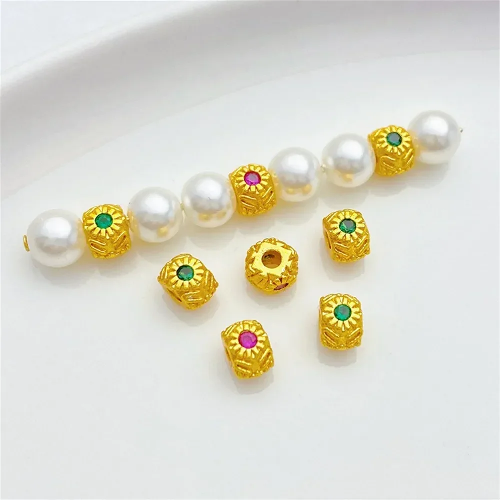 

Sand Gold Inlaid Red and Green Zircon Polygonal Beads Loose Beads Handmade DIY Bracelet Necklace Material Accessories