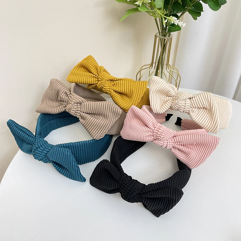 

2pcs New Knitted Stripe Butterfly Tie Hair Hoop Women's Creative Solid Color Rabbit Ears Wide Edge Headband Press Hair Clip