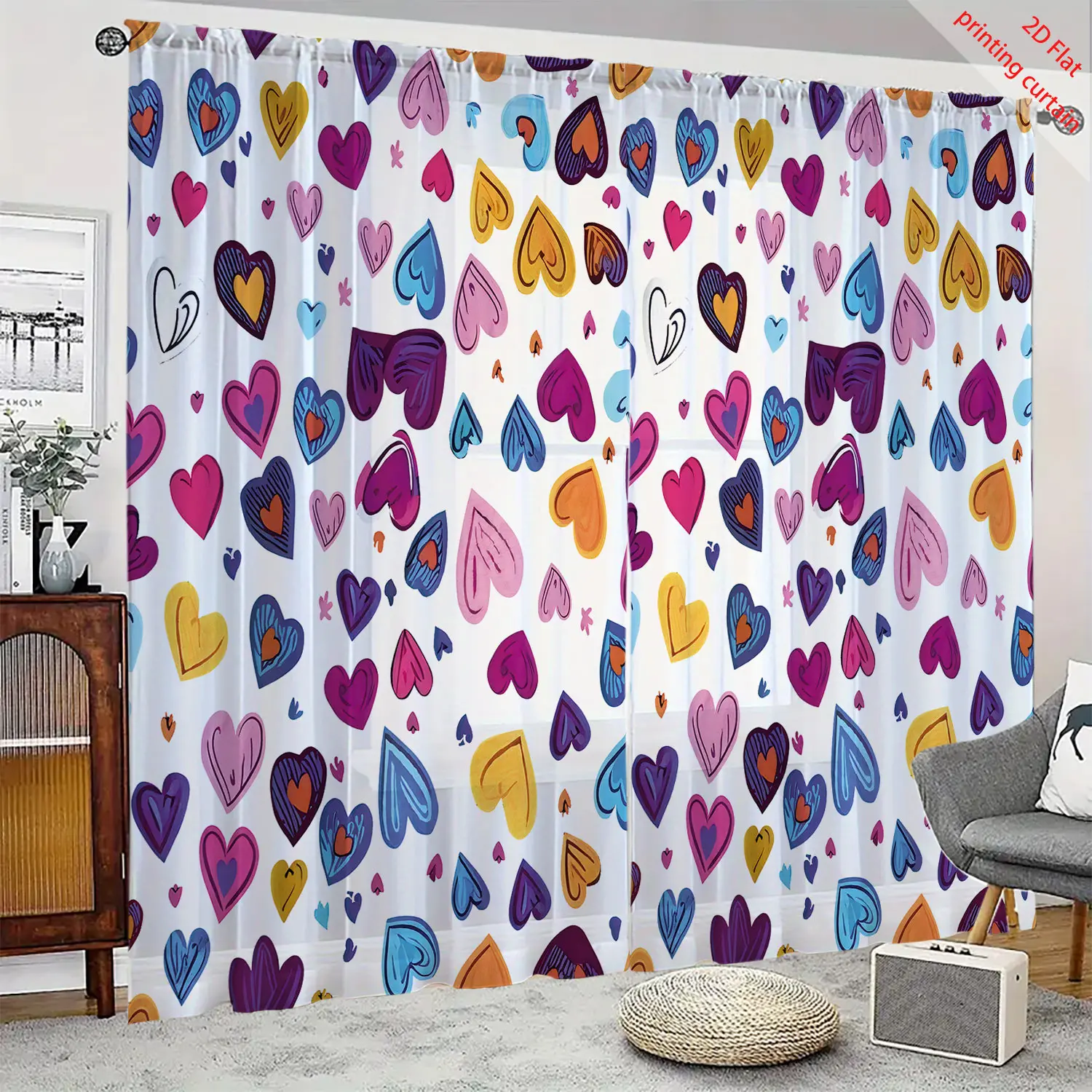 Love pattern 2D flat printing transparent gauze curtain, beautiful home decoration, bedroom, living room, kitchen, balcony