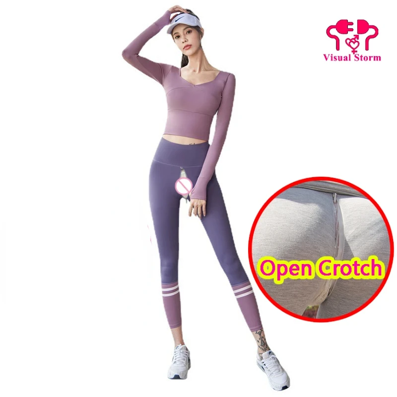 Sporty Sexy Open Cortch Leggings Tops Sets Women Longsleeve Tops and Casual Pants Daily Exercise Wear Erotic Open Hole Clothing