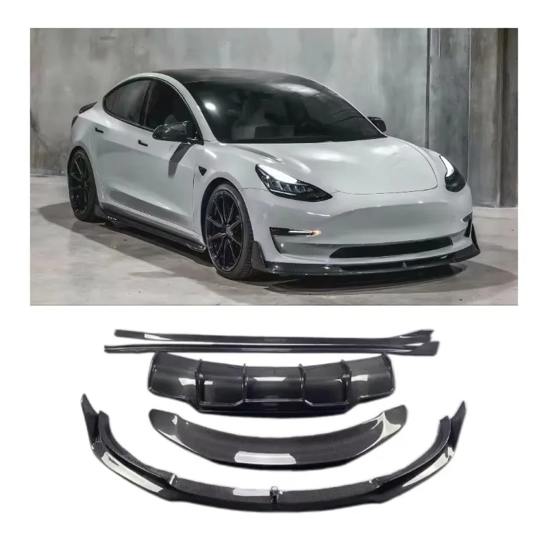 

High Quality Teslas Model 3 Carbon Fiber V Style Front Lip Side Skirt Rear Bumper Diffuser Body Kits 2019-2022