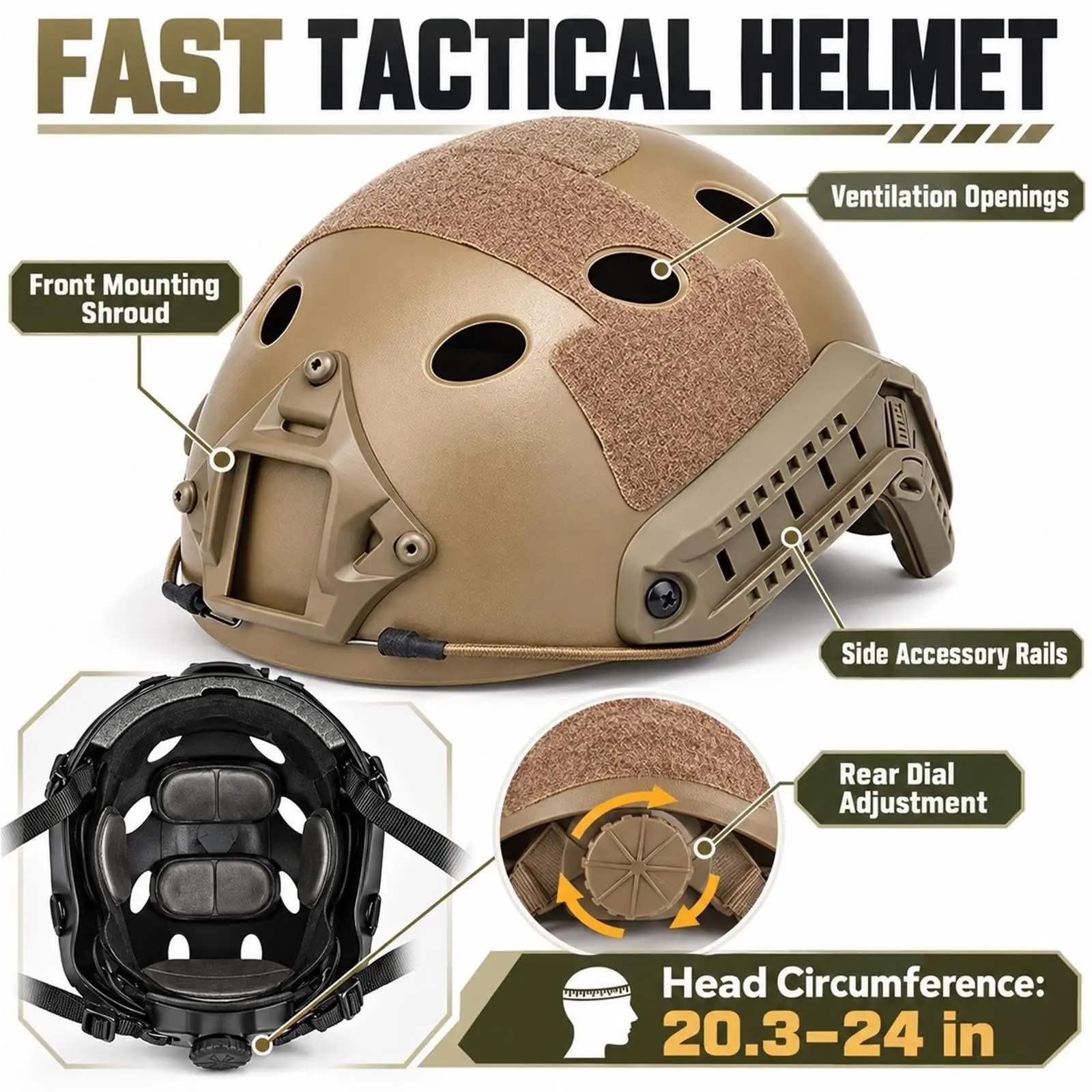 FAST Tactical Helmet Set, Headset, 3-Interchangeable-Lens Goggles, Cover, Mesh Butterfly Mask, 5-Piece, 20.3-24 In Dial Fit