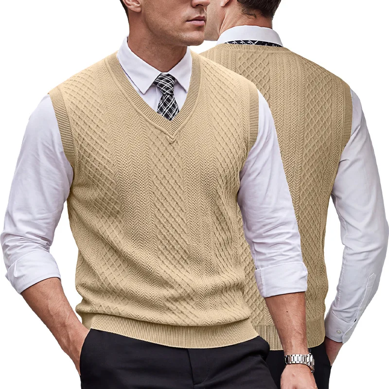 Men Heavyweight V‑Neck Vest Textured Jacquard Sleeveless Knitwear Retro Plus Size Casual Sleeveless Tops Male Daily Outfit
