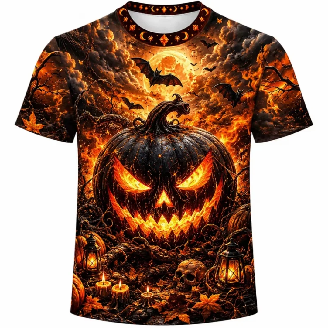 2026 Halloween Feuerkürbis Totenkopf Fledermaus 3D-Druck T-Shirt für Männer, Frauen und Kinder, Rundhals, Kurzarm, Urlaubsparty, Cosplay, Freizeit-Oberteile – Detail 5