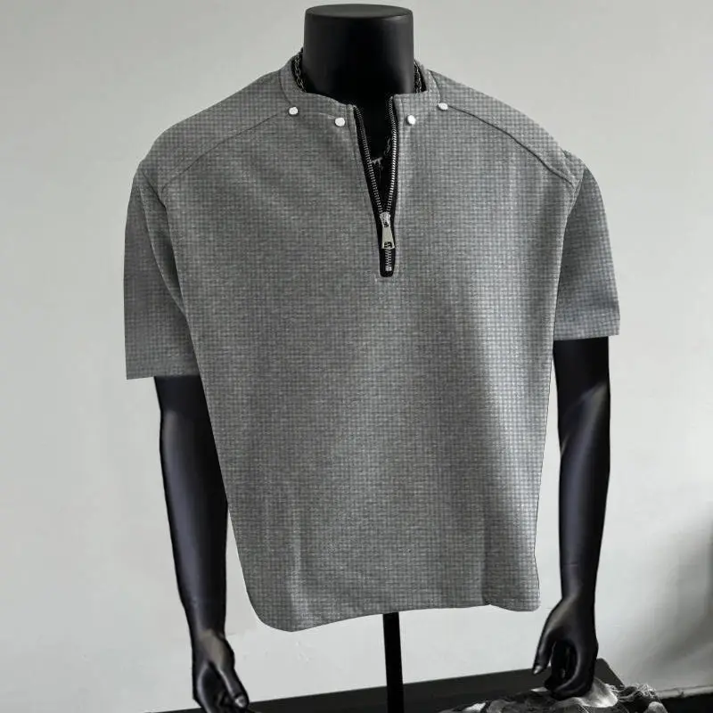 Summer Retro Rivet Half-Zip Short Sleeve Men's Clean Fit High-End Swagger Trendy Brand T-Shirt Top