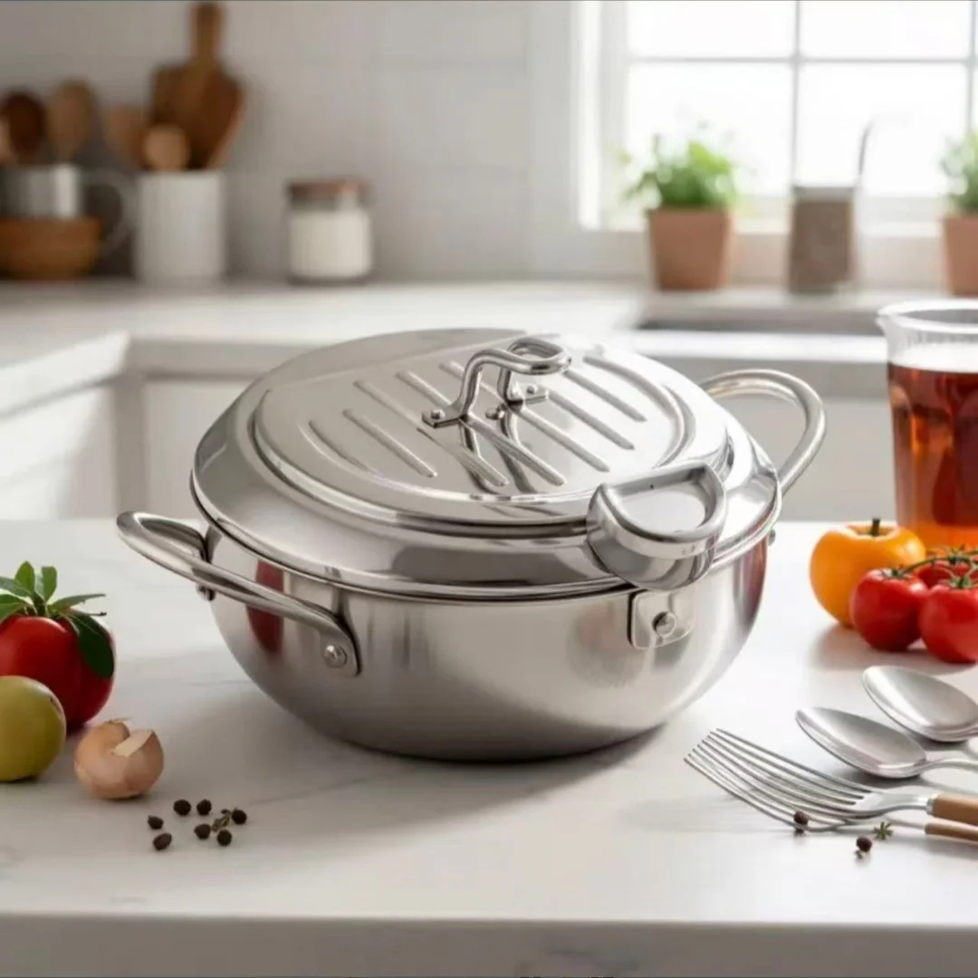 Stainless Steel Frying Pan with Lid, Temperature Control & Oil Drip Rack, Multi-Use Skillet for Frying Chips, Chicken, Compatible with Gas & Induction Cooktops view 4