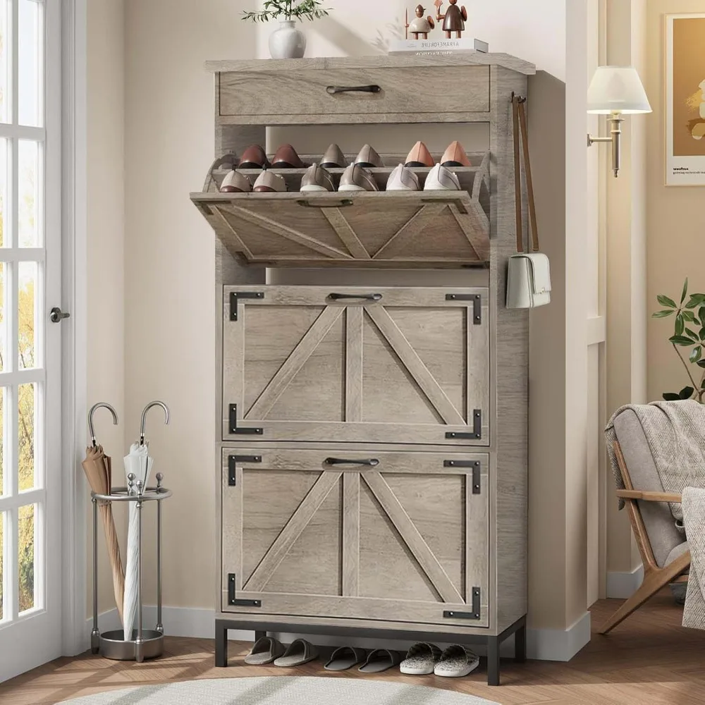 

Shoe Cabinet Storage for Entryway with 3 Flip Drawers and 1 Top Drawer, Freestanding Hidden Narrow Shoe Cabinet with Metal Legs
