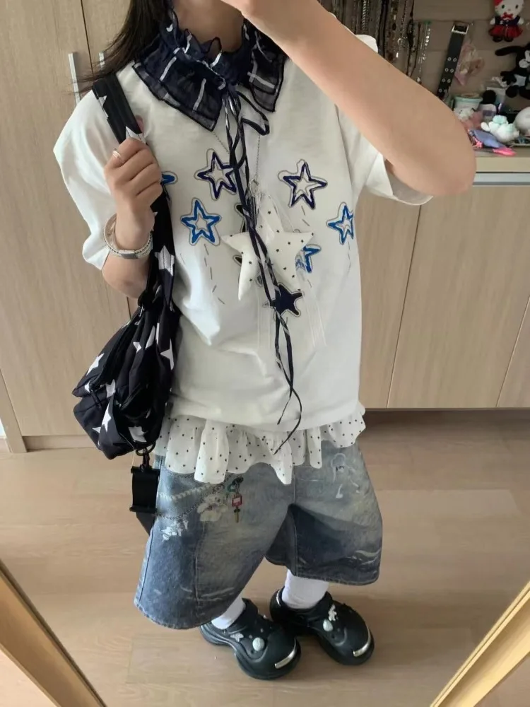 

Deeptown Women White T-shirts Y2k Star Printed Harajuku Fashion Japanese Style Kawaii Short Sleeve T-shirts Sweet Cotton Tops