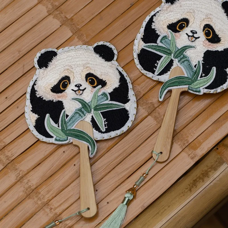 Panda Embroidered Chinese Hand Fan Vintage Palace Fan with Tassel for Hanfu Dance Performance Art Gift
