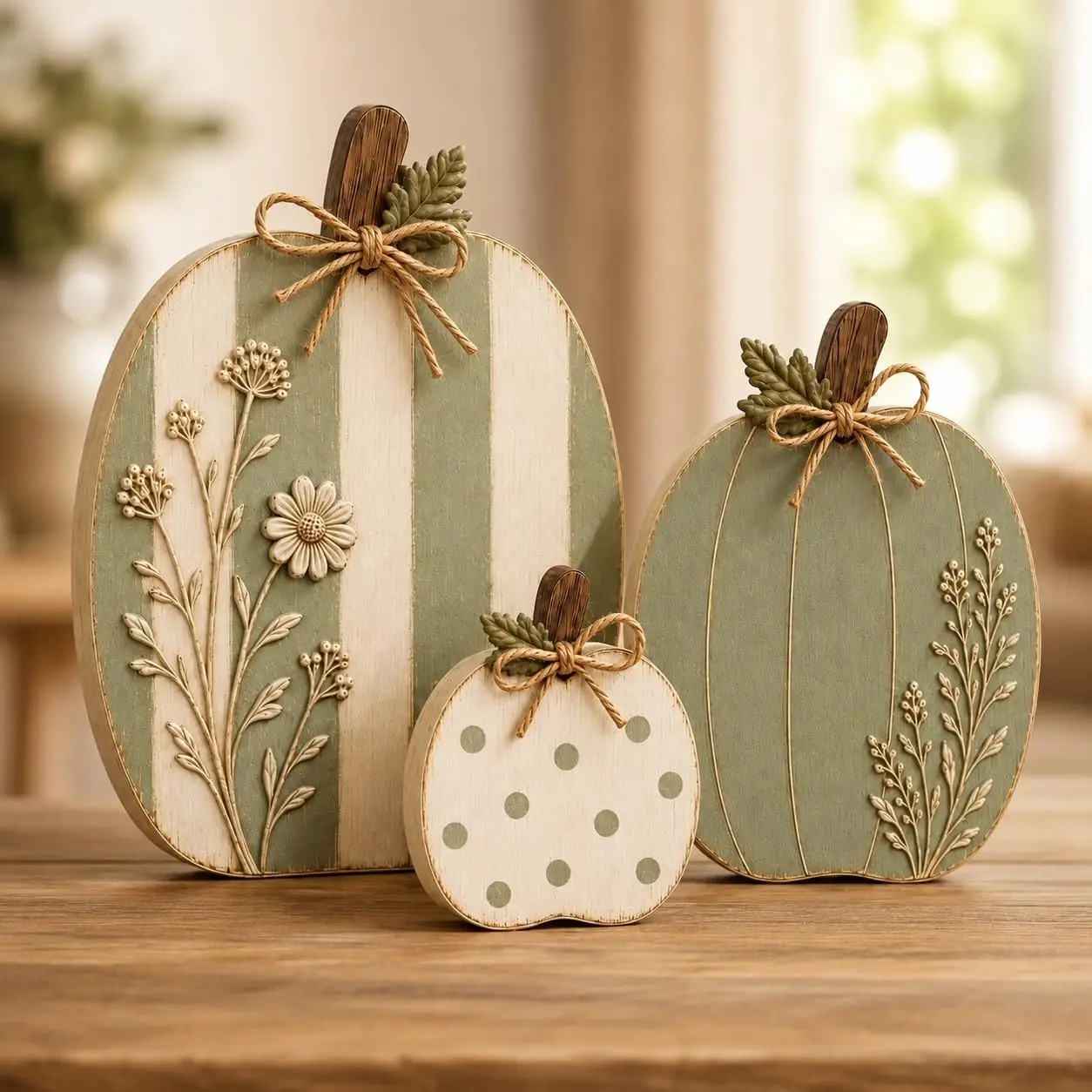 Sage Cream Raised Wildflower Solid Wood Pumpkin Tri,|Autumn Farmhouse Tiered Tray Decor Centerpieces with Rustic Wooden Pumpkins