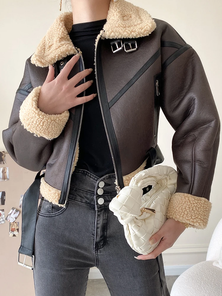 Streetwear Female Spliced Zipper Belt Jacket Outwear Autumn Winter Women Retro Loose Thick Warm Faux Lamb Fur Coat