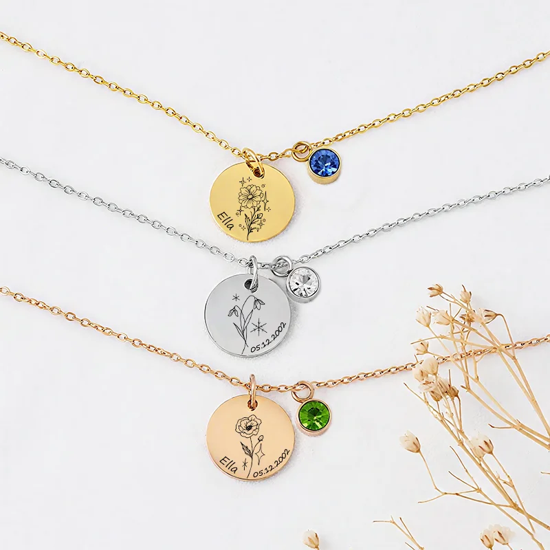Collane con ciondolo fiore con pietre portafortuna personalizzate per donna, incisione personalizzata, testo sul retro, regalo di gioielli per la fidanzata madre