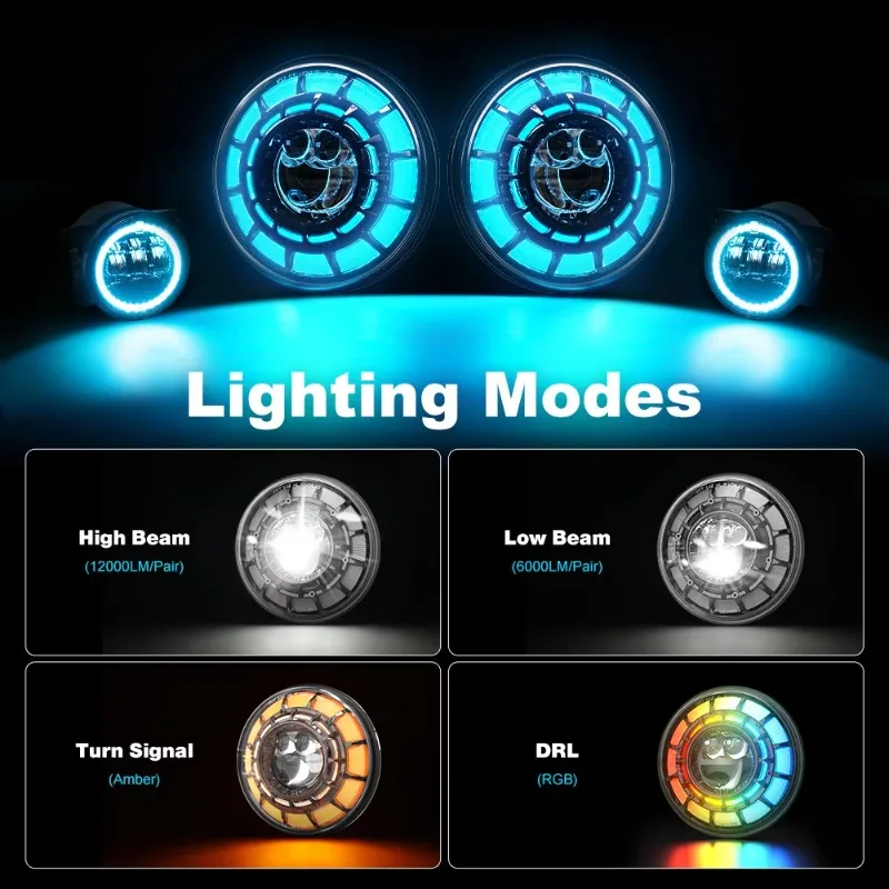 Light Kit RGB Color 7 Inch  LED Headlight Fog Lights LED Lamp