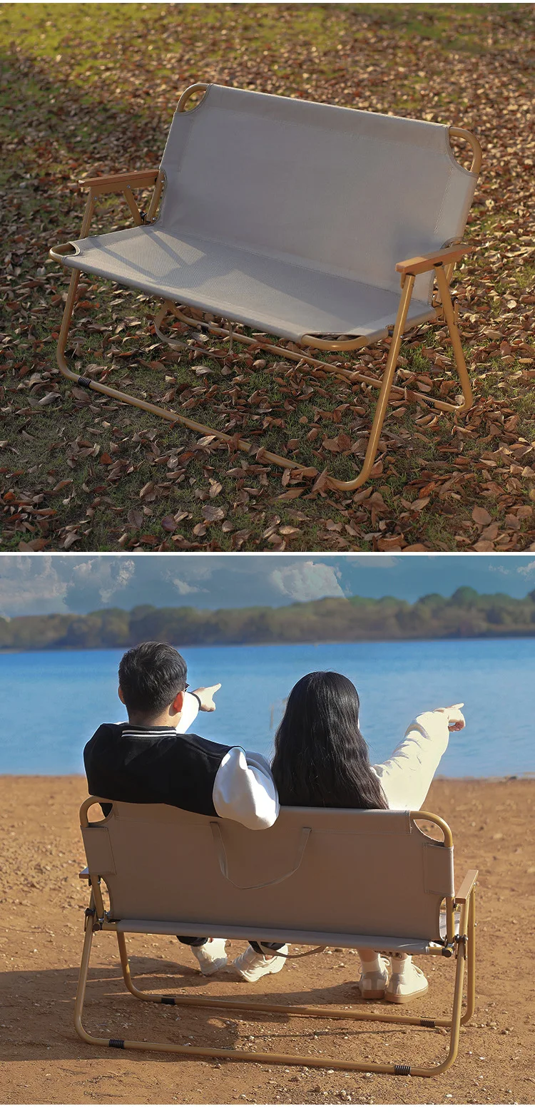 折りたたみ式ダブルシートキャンプチェア、ポータブル屋外芝生ピクニックハイキング、木製アームレストとカップホルダー付き屋外用折りたたみ式