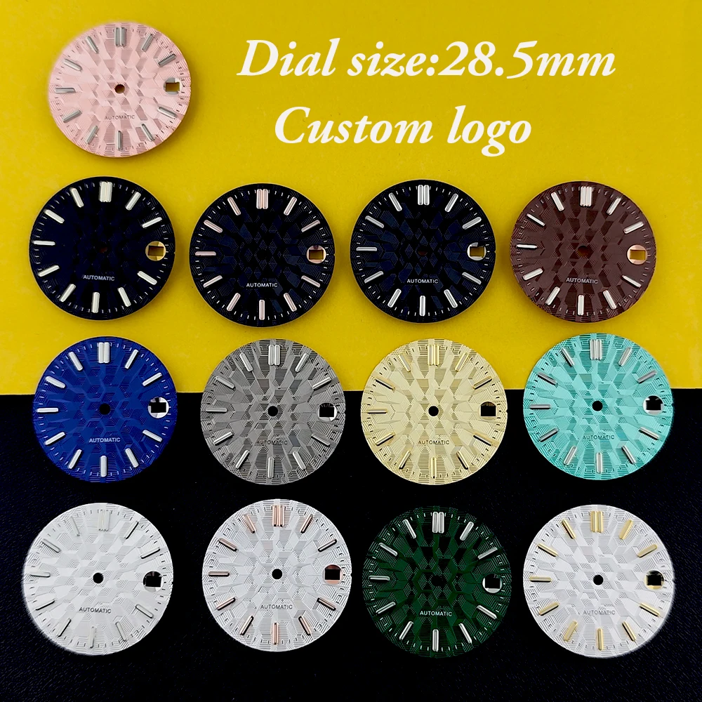 

Циферблат 28,5 мм с индивидуальным логотипом, циферблат для мужских часов NH35, зеленый светящийся циферблат, подходит для часов с механизмом NH35, аксессуары для часов