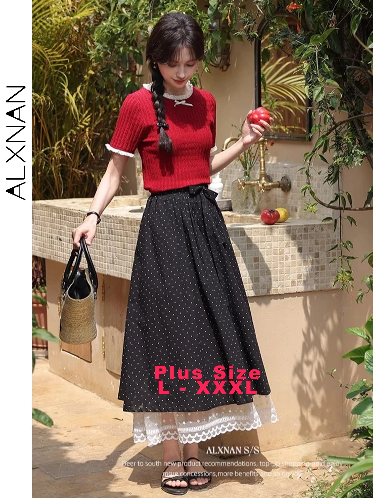 ALXNAN Plus Size Women's Long Skirt Black Elegant Polka Dot Maxi Skirt 2026 Summer Casual Lace Panel Chic Female Clothing D10522