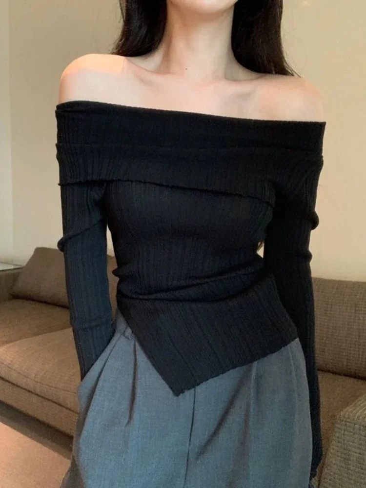 

Deeptown Korean Fashion Black Knitted Sweater Women Harajuku Sexy Slim Off Shoulder Jumper Elegant Casual Crop Tops Streetwear