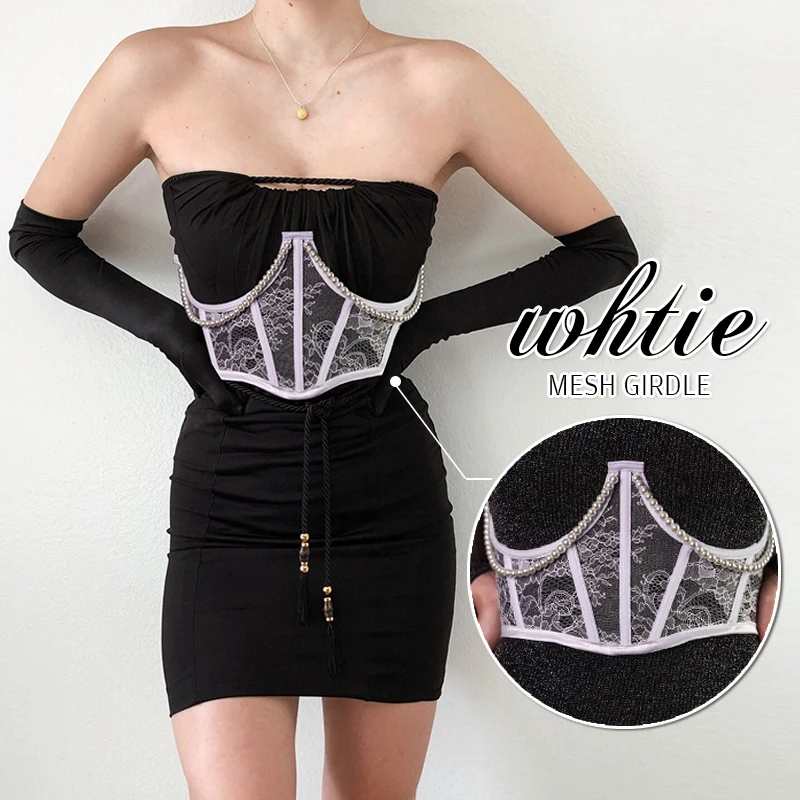 Women Lace Up Wide Belt Chic Pearl Chain Straps Sexy Corset Underbust Stretchy Belt Lace Bandage Corset Tops Waist Accessories