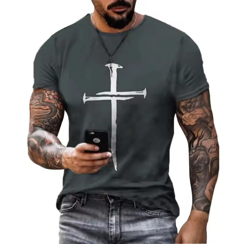 

men's clothing casual t shirt 3D digital printed cross pattern round neck short sleeved loose breathable top men's t shirts