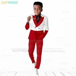 Fashion Red Splicing Suit For Boys Homecoming Classic Blazer Pants Outfits Graduation Ceremony Children Formal Slim Fit Costumes