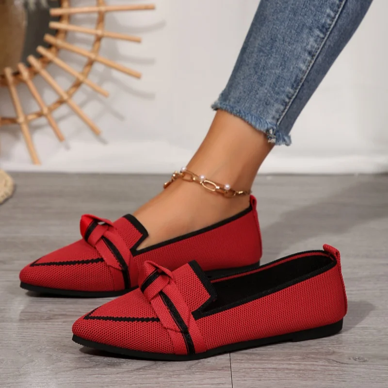 Mocassins leves e confortáveis femininos, gravata borboleta, sapatilhas de balé, bico fino, macio, descalço, malha multicolorida, casual, bailarina