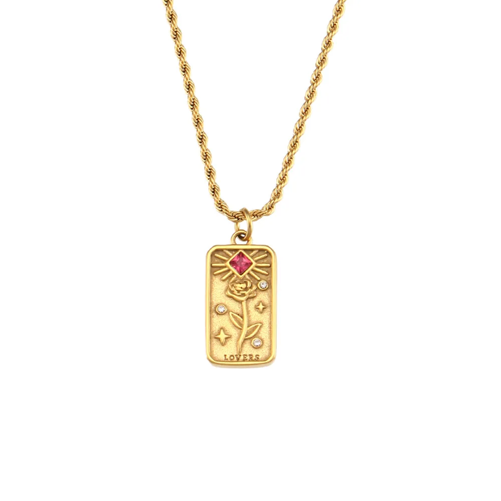 European and n ins fashion retro popular popular pendant pendant stainless steel rectangular drop oil zircon tarot card necklace