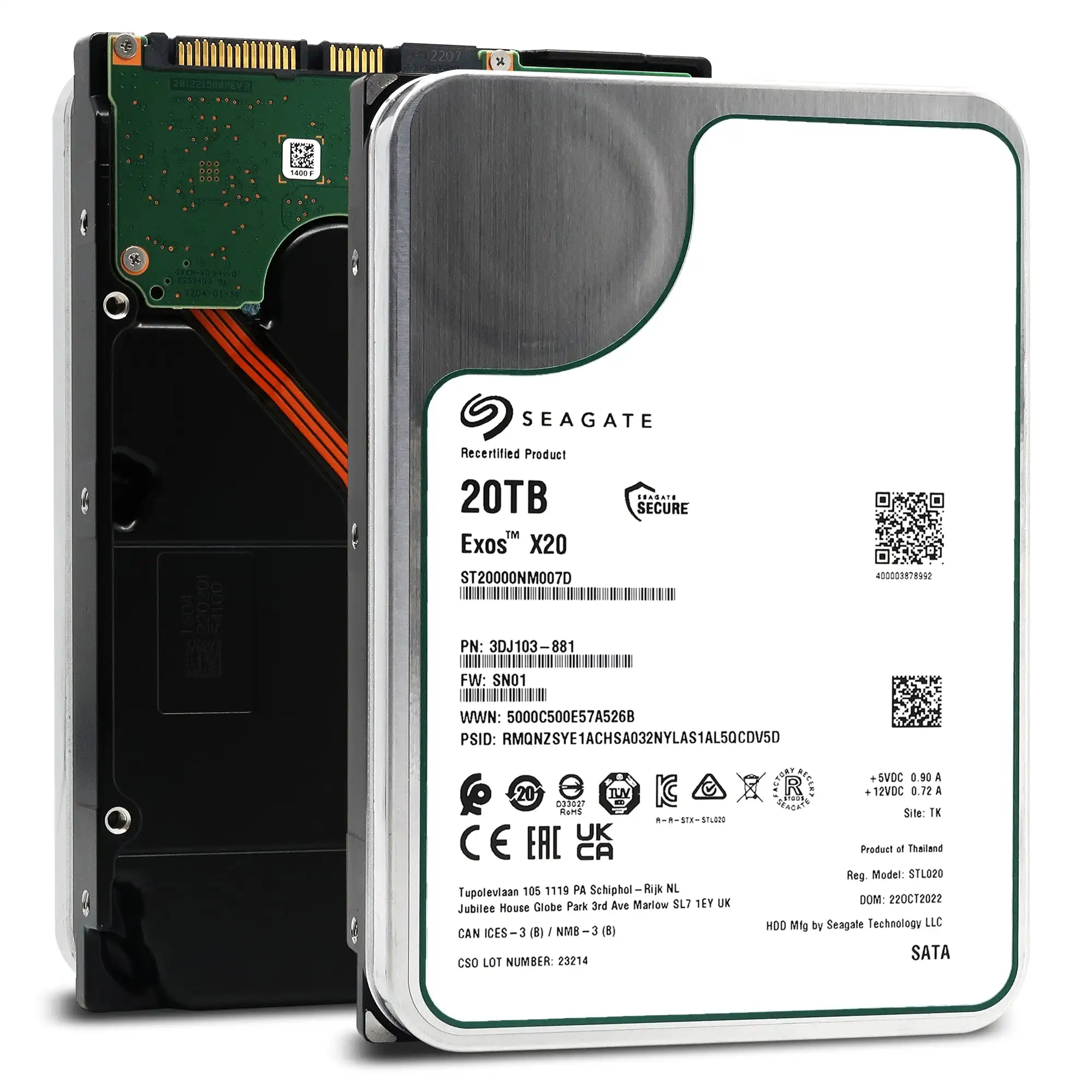 

ST20000NM007D For Seagate Exos X20 20TB 7.2K RPM SATA 6Gb/s 3.5in Recertified Enterprise Hard Drive HDD