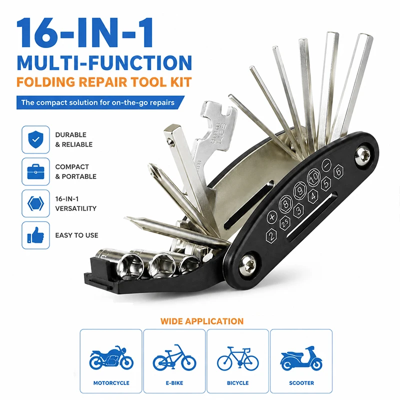

Multifunctional 16-in-1 Foldable Repair Tool Kit Hex Wrench Screwdriver Set for Motorcycle Electric Bicycle