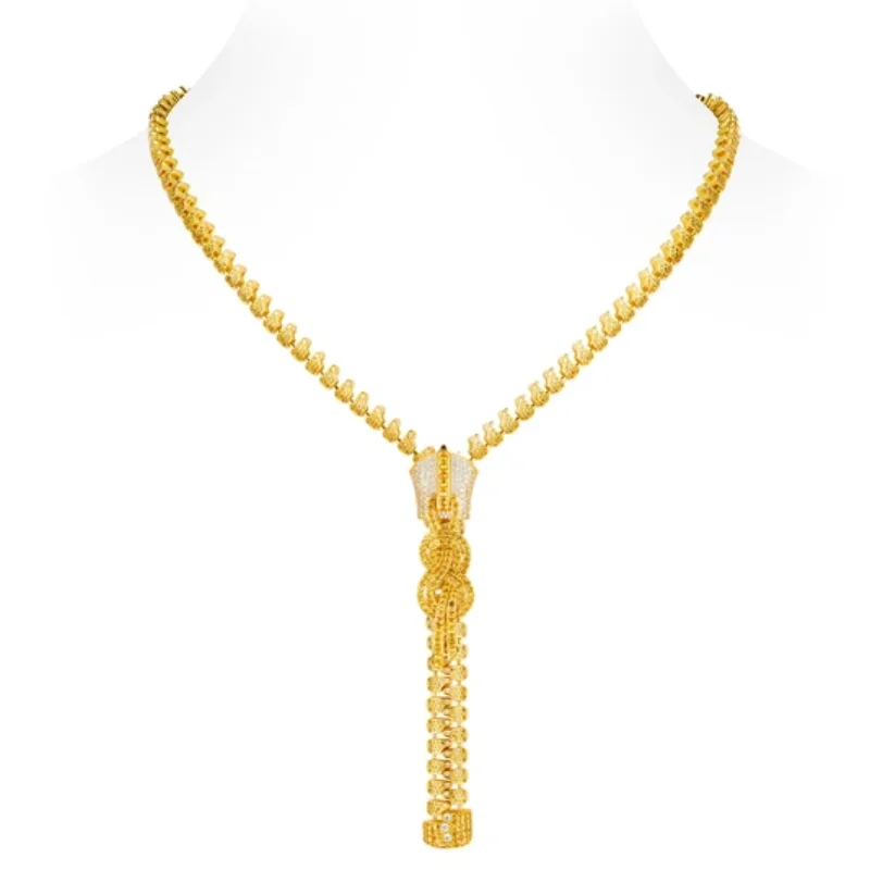 Bellux 925 Silver Synthetic Zircon Royal Style Yellow K Gold Color Woven Luxury Y-shaped Zipper Three Wearing Vintage Necklace