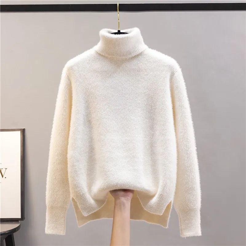 Winter Turtleneck Imitation Mink Thicken Sweater Women Casual Warm Plush Lining Knit Tops Add Velvet Bottomed Blue Pullover 2022