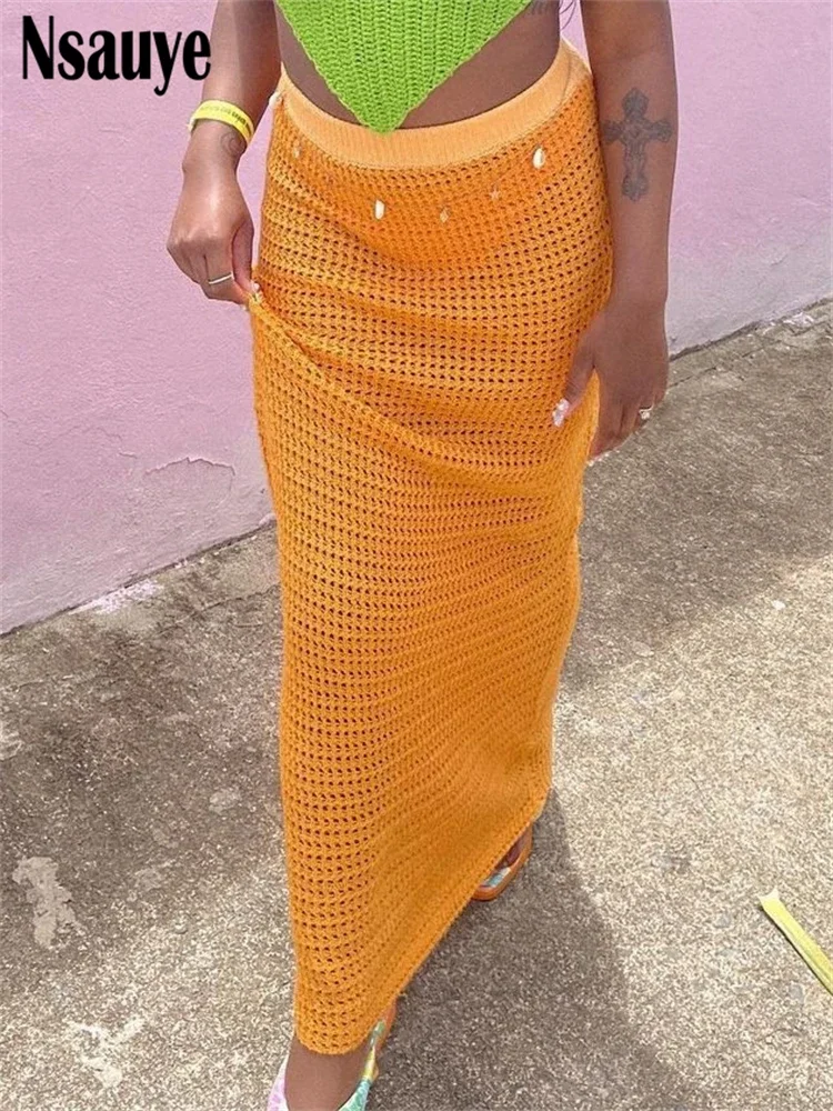 Nsauye 2022 Fashion Knitted Y2K Aesthetic Boho Beach Party High Waist Long Dress Sexy Women Hollow Out Maxi Skirt Vintage Summer